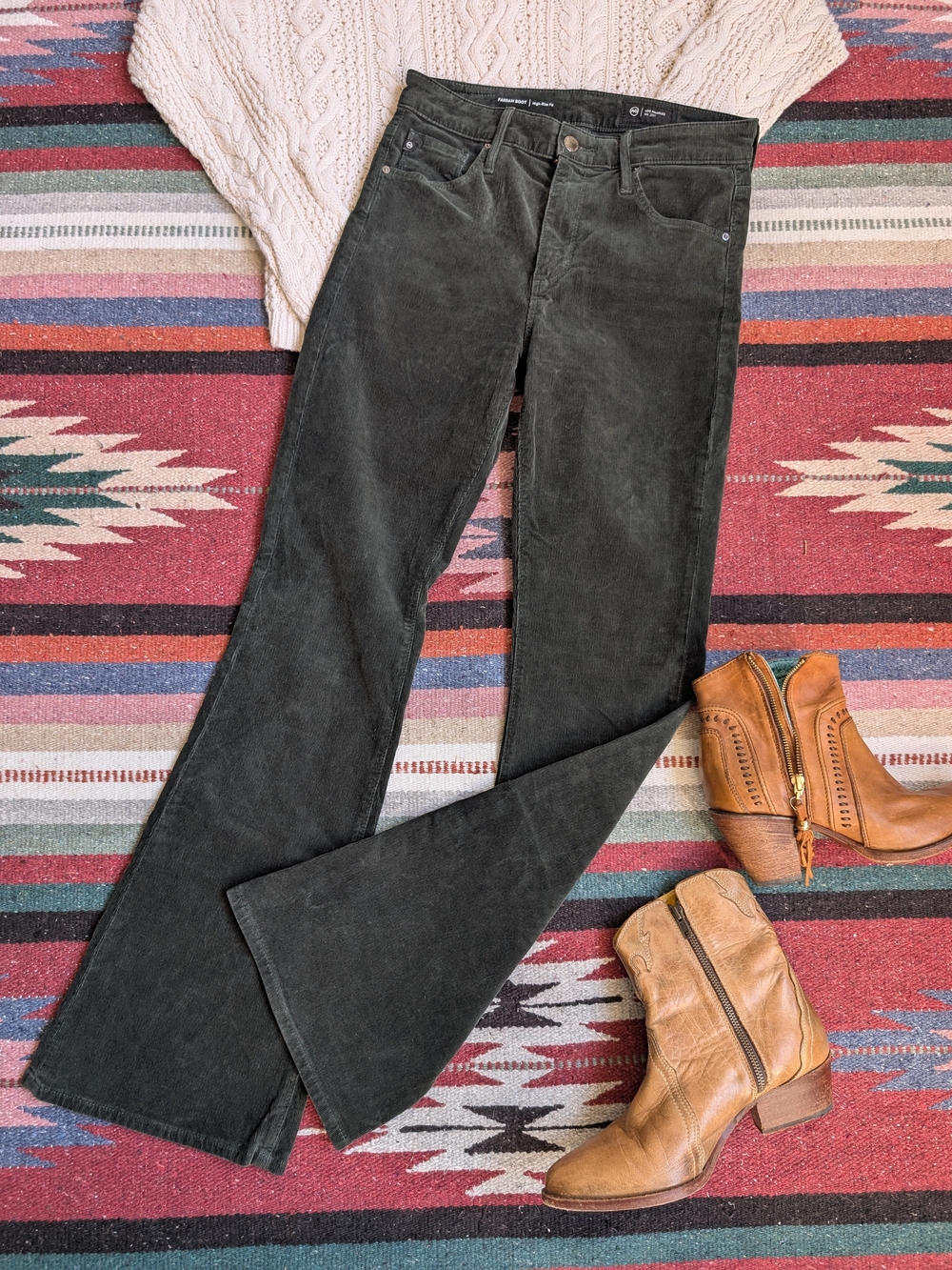 AG Farrah Boot High-Rise Corduroy Flare Pants in a dark forest green 27x32